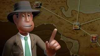 An explorer points up at a map filled with expedition location in Two Point Museum.