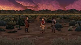 Three characters stand on dusty ground surrounded by bushes in Rosewater.