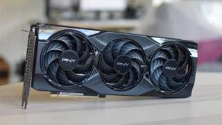 The PNY GeForce RTX 5070 OC on a table, with its triple fans facing the camera.