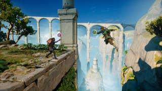 The two player's reach out for each other's hands as Zoe is about to fall.