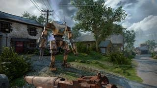 A BARD robot stands guard in Atomfall's Wyndham village.