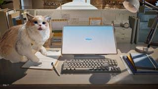 A fluffy cat sits on a desk next to a monitor with the inZoi log on it, in inZoi.